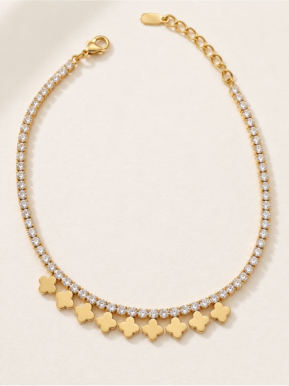 Dainty Clover Tennis Anklet 14k Gold Plated Crystal Stone Water Resistant